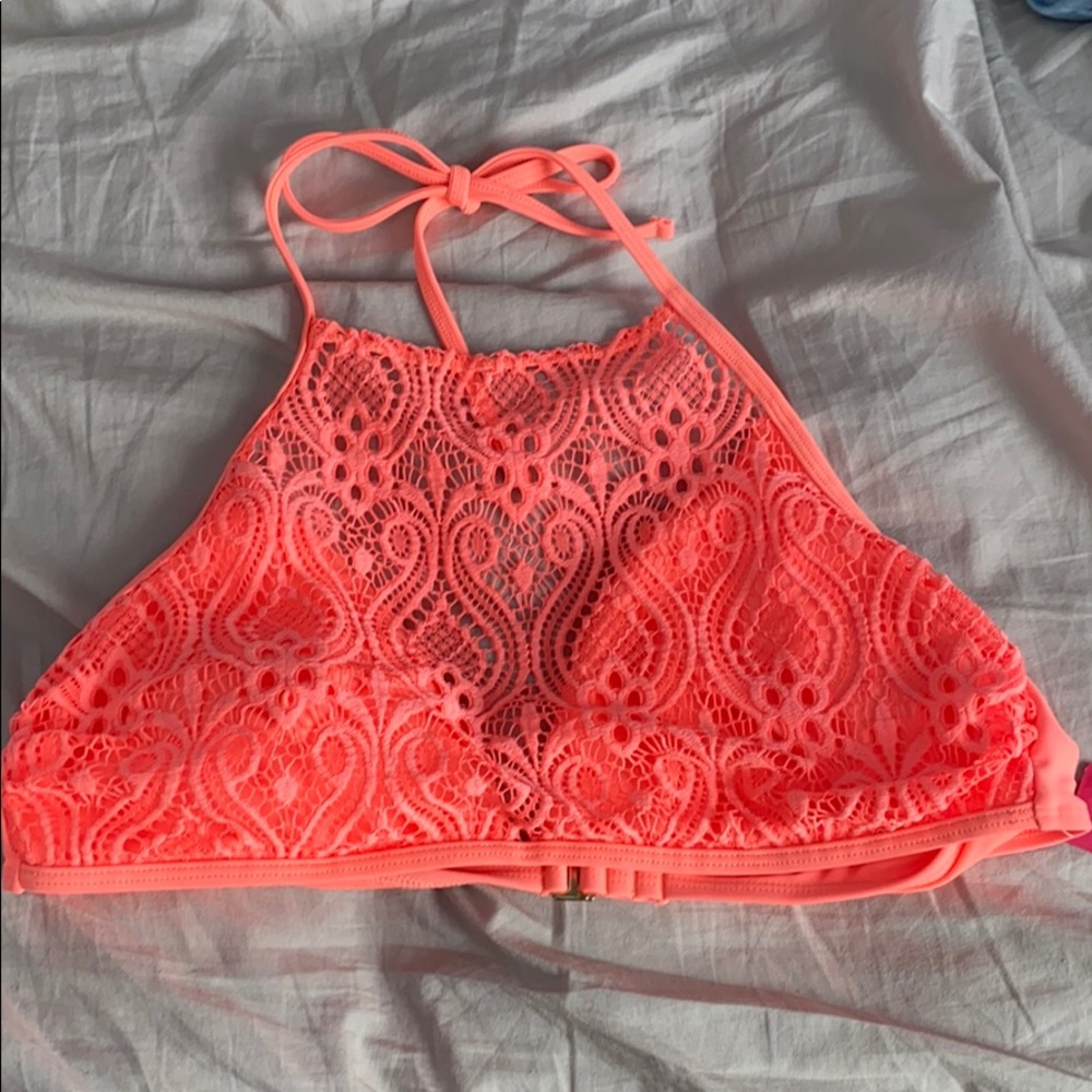 neon coral lace bikini top